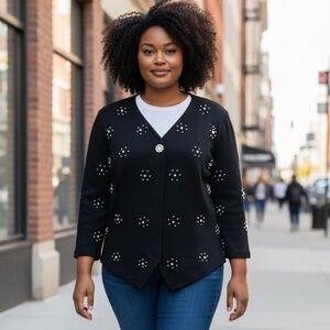 LESLIE FAYE VINTAGE BLACK PEARL DRESSY OFFICE UNION MADE ILGWU SWEATER SIZE 18W🖤